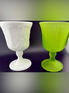 2 Vtg Indiana Glass goblets. Green Frosted & white milk glass w/embossed grapes.